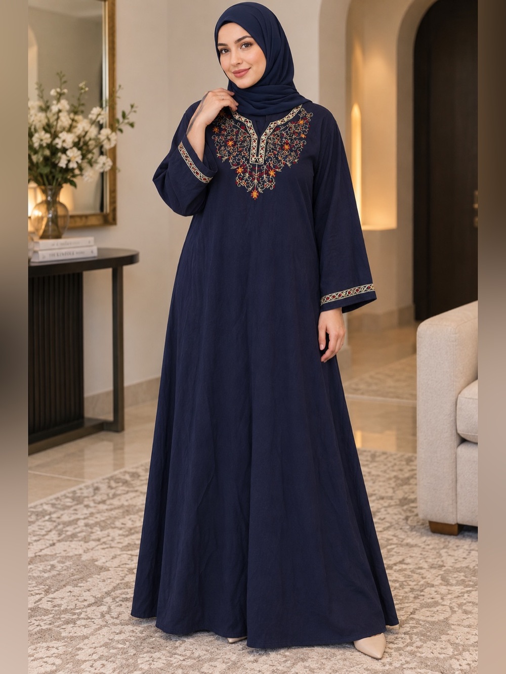 Embroidered Navy Modest Maxi Dress galabiya